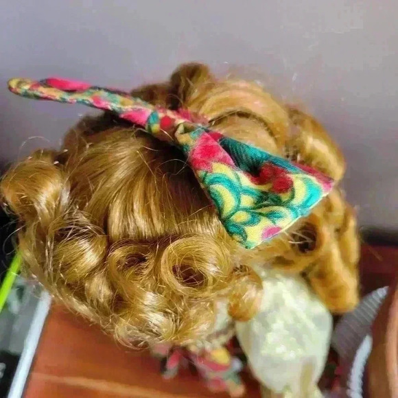 THE COLLECTORS CHOICE Porcelain Doll Blue Eyes Curly Brown Hair Floral Dress - Picture 3 of 9